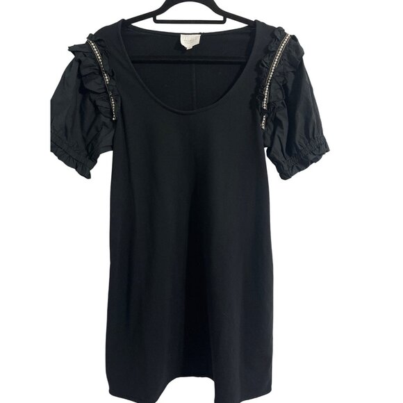 We Are Sundays Veda Black Dress With Pearl Accents Ruffle Puff Sleeves Medium - Picture 1 of 14